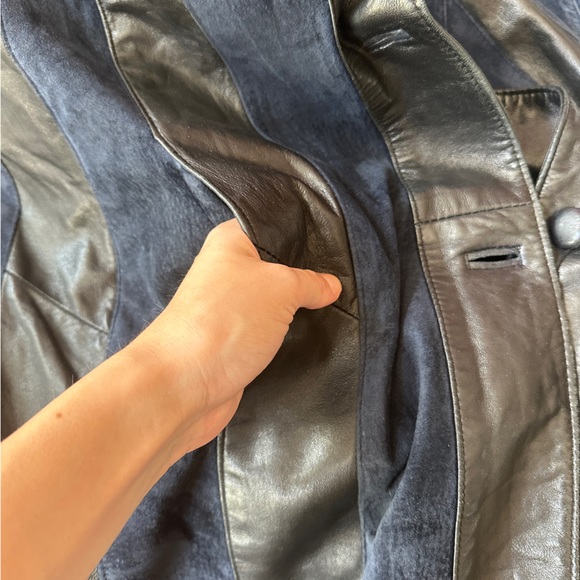 VINTAGE LEATHER SUEDE STRIPED TRENCH COAT LONG JACKET WESTERN BIKER UNISEX M L - Picture 6 of 11